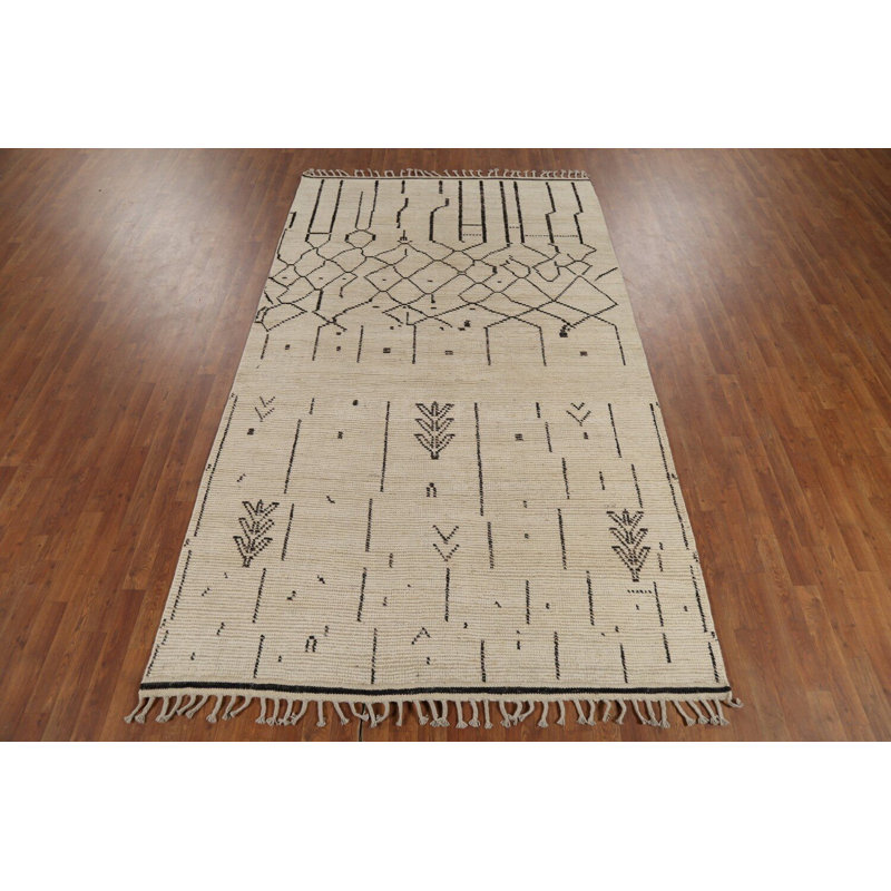 Tapis marocain en laine ivoire fait à la main à motif abstrait 6 x 10