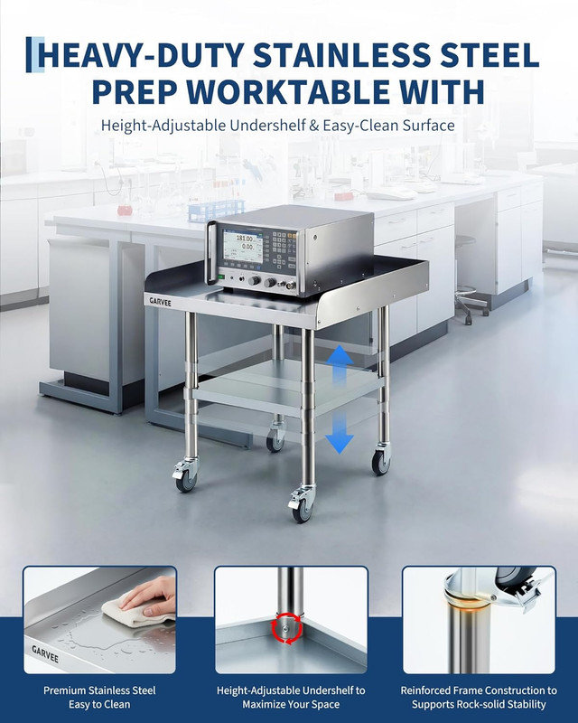Mobile Stainless Steel Work Table with Removable Splash Guard & Locking Wheels, 26" H x 24" L x 24" W