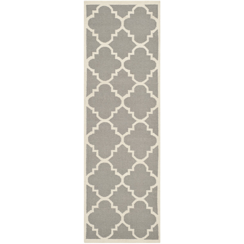Tapis en laine / coton tissé à la main à plat Rodgers en ivoire / gris, Tapis de couloir 2 pi 6 po x 6 pi