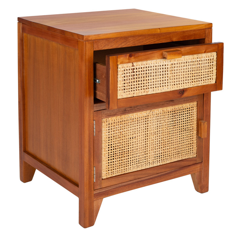 Élégante table de chevet en rotin et acajou Blumenthal - l 18 po avec poignées de tiroir élégantes, Naturel