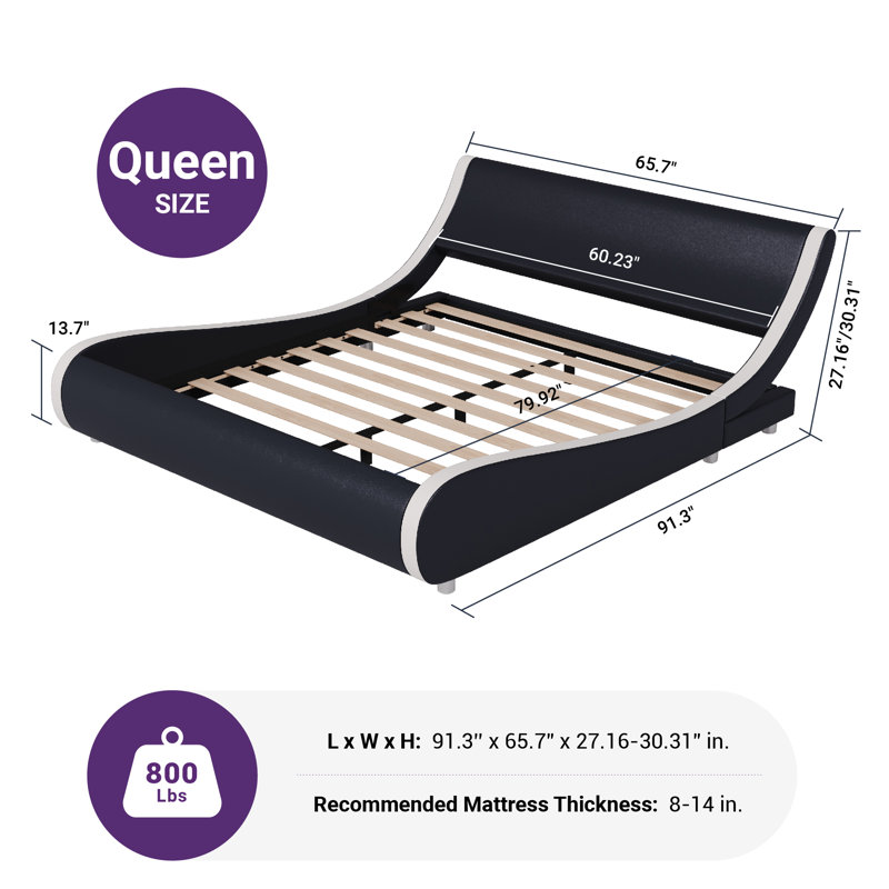 Low Profile Sleigh Bed With Adjustable Headboard, Queen, Black/White