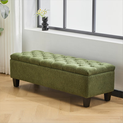 Banc repose-pieds avec rangement, surface bouclée verte, pieds en bois d'hévéa, capacité de 300 lb