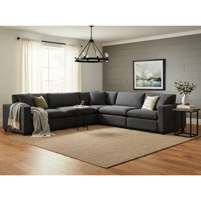 5 modulaires gris anthracite, rembourrés, accoudoirs carrés, dossier lâche, sièges mi-ferme, pieds amovibles en bois, sans ressorts, 3 coussins décoratifs, 5 modulaires gris anthracite, matériau principal, conception des accoudoirs,