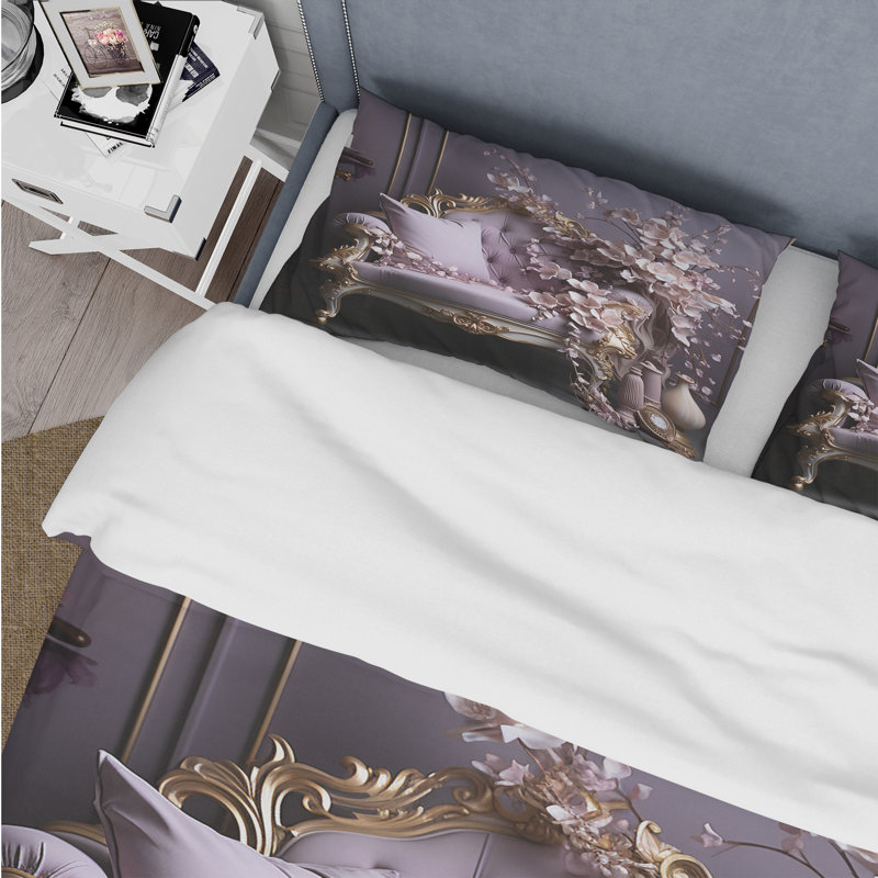 Canapé lilas orné d'accents dorés - Ensemble de housse de couette floral - Polyester microfibre
