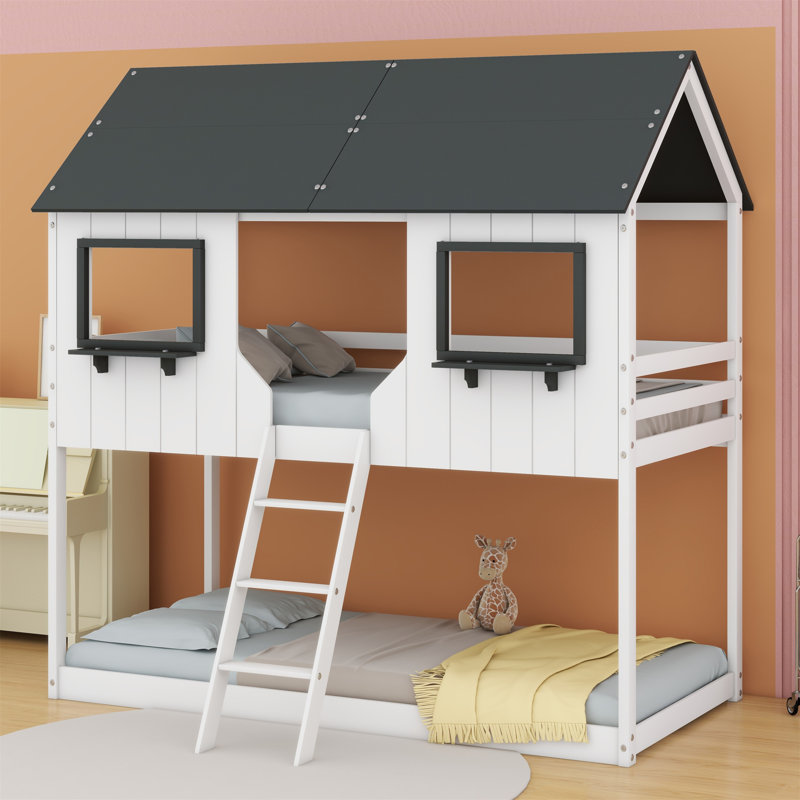 Beaman Kids Twin Over Twin Bunk Bed, White/Grey