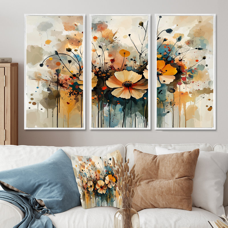 «Wildflowers Blooming Abstract Symphony I», ensemble de 3 fleurs sauvages, H 32 po x l 48 po, Blanc