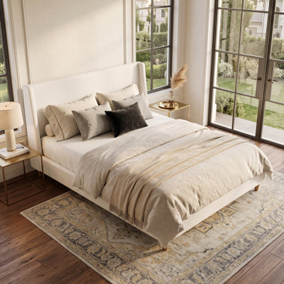 Modern Boucle Upholstered Platform Bed with Wingback Headboard and Walnut Wooden Legs, No Box Spring Needed, Queen Size