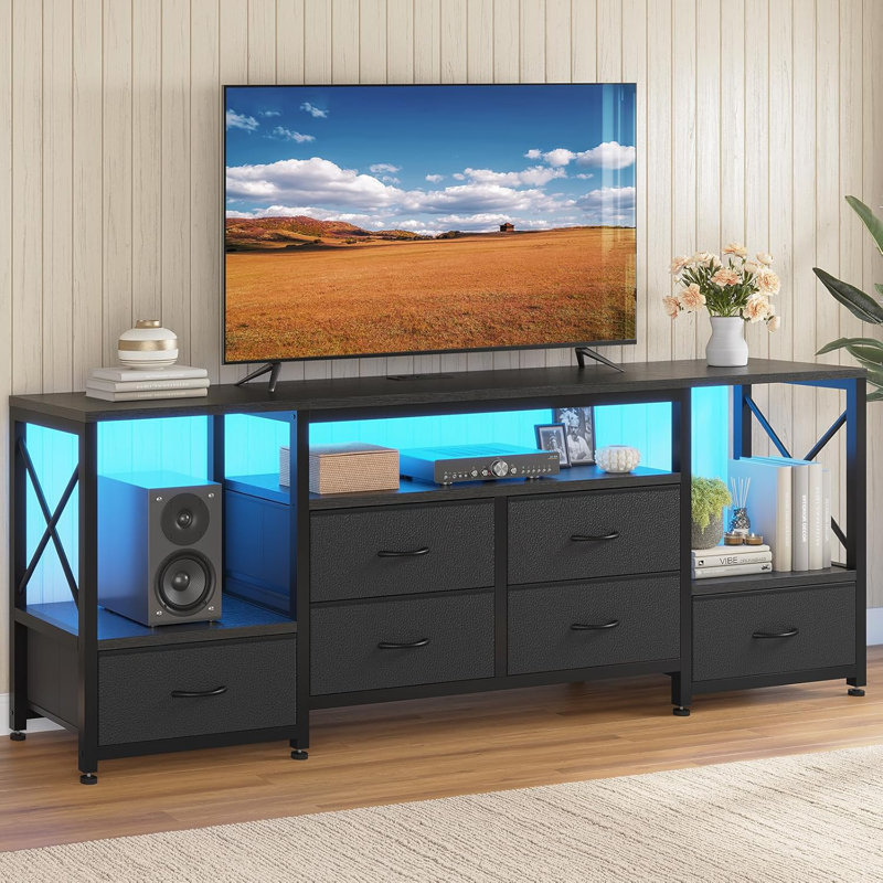 63" Industrial Tv Console Table With 6 Fabric Drawers And Open Shelves, Black