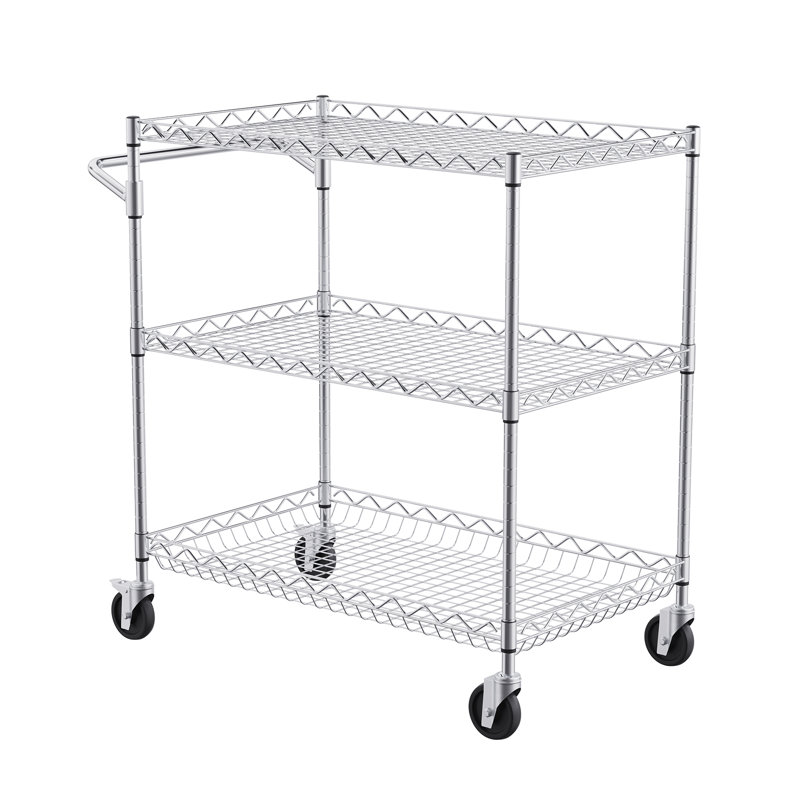 Silver 3-Tier Steel Utility Cart with Hooks and Wheels