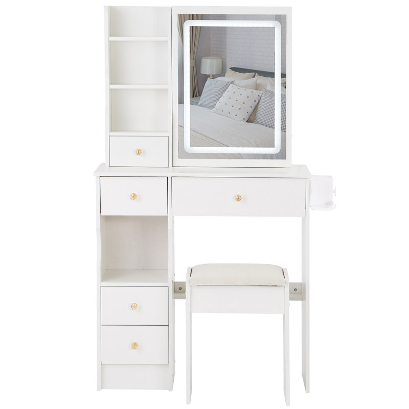 29.2" Small Size Left Drawer Desktop Vanity Table + Cushioned Stool, 2 AC+2 USB Power Station, Hair Dryer Bracket, Extra Large Touch Control Sliding LED Mirror, Tri-Color Switching, Brightness Adjust