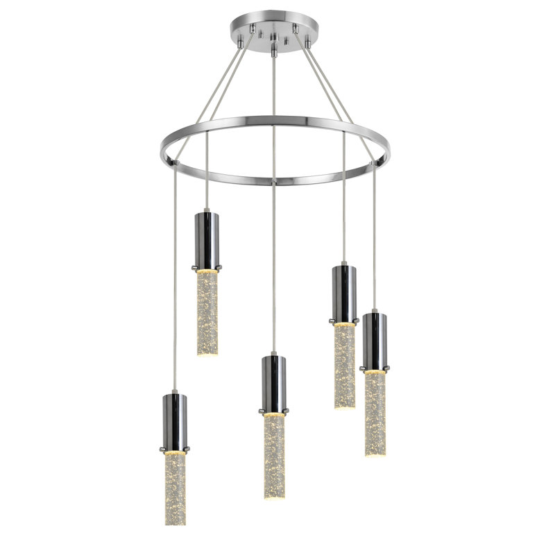 Luminaire suspendu cylindre grappe 5 lumières Paonia, Chrome