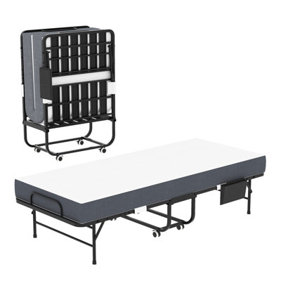 Lit d'invité de 75 pouces avec matelas en mousse à mémoire de forme de 5 po, peu encombrant, structure en métal robuste sur roulettes, idéal pour les petites pièces pliant pour les invités de 5 pouces