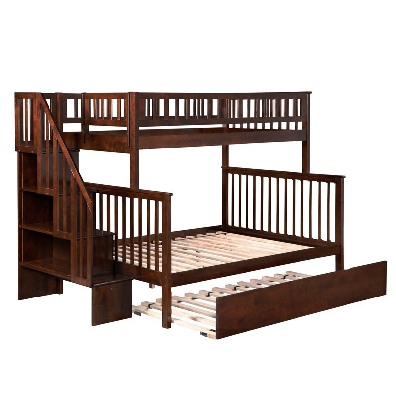 Nala Kids Staircase Bunk Bed with Trundle Bed, Walnut, Twin Over Full