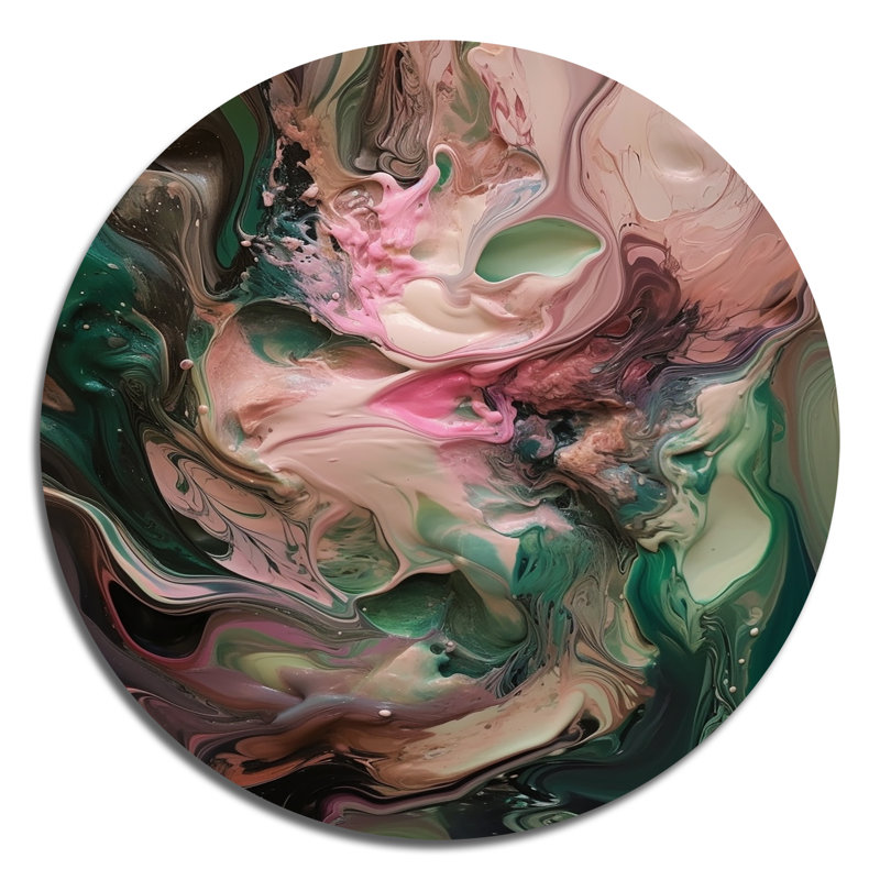Rose et vert intérieur de marbre IV - art abstrait géométrique rond en métal, H 23 po x l 23 po x P 1 po