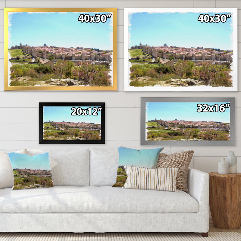Vue sur les remparts de la ville médiévale - reproduction sur toile, Cadre photo blanc, H 30 po x l 40 po x P 1,5 po