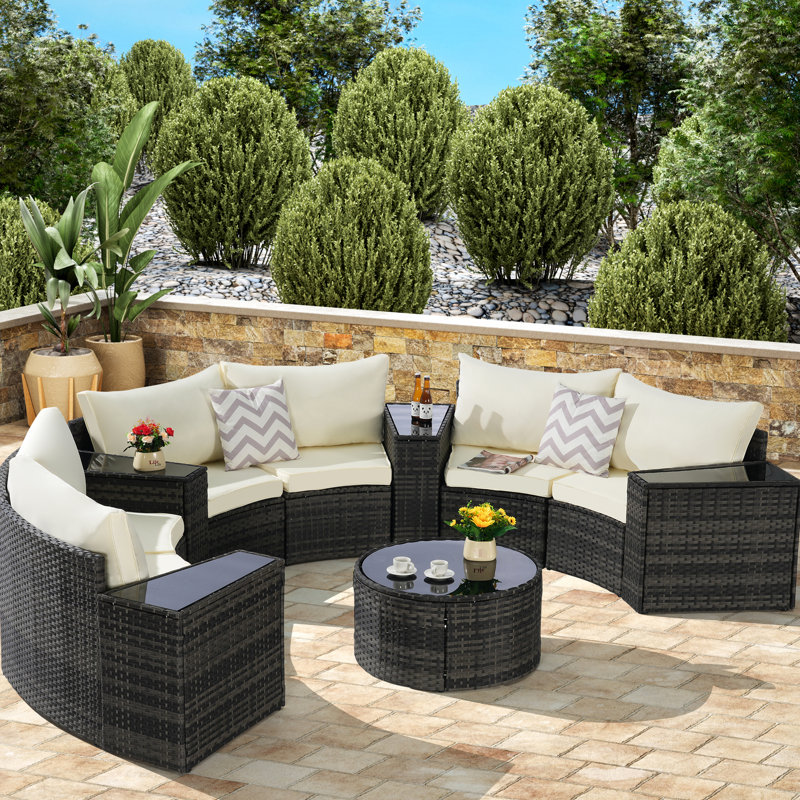 11 Half-Moon Sectional Outdoor Patio Furniture - With Tempered Glass Coffee Table, Washable Cushion Covers, For Fun Time Round Breathable Cushions, Water , Seating