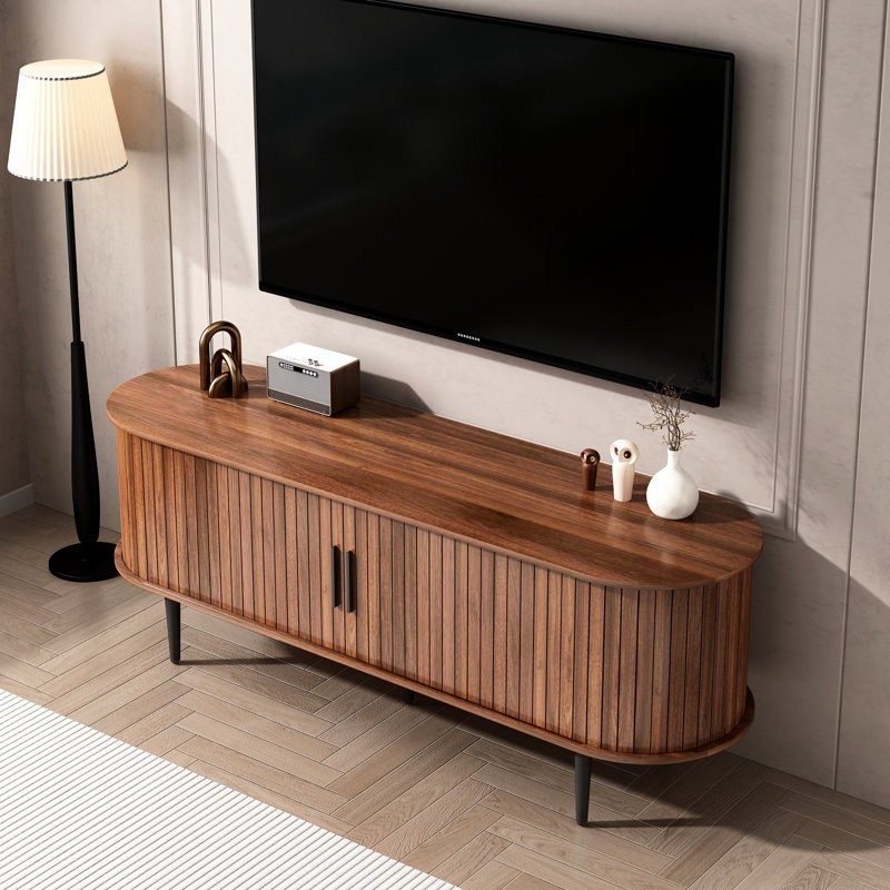Console de télévision Mid-Century moderne de 55 po avec rangement et porte coulissante, couleur noyer pour support de divertissement à domicile en noyer, porte à compartiments différents