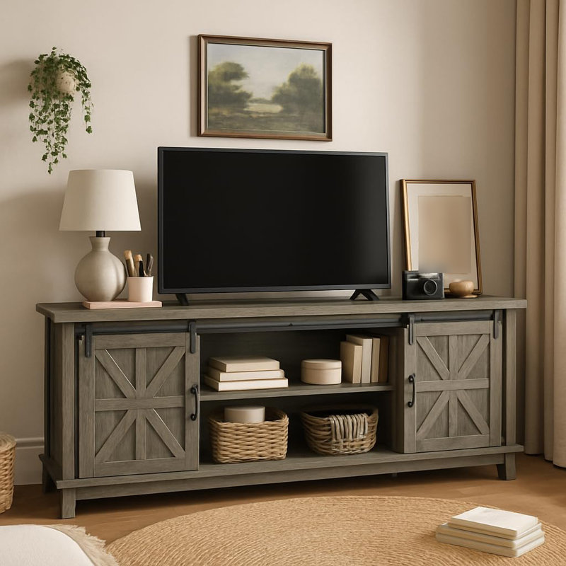 Modern TV Stand for TVs Up to 75'', Wooden Entertainment Center with Sliding Barn Doors, Media TV Console Table with Adjustable Shelf for Living Room