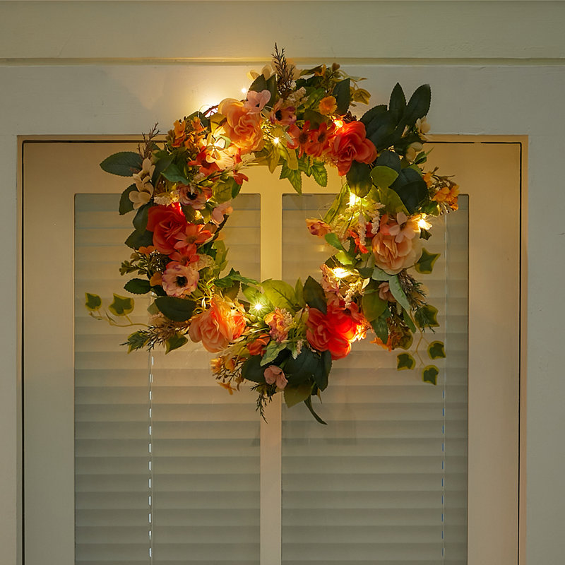 Faux Lighted Peony Rattan 40cm Wreath