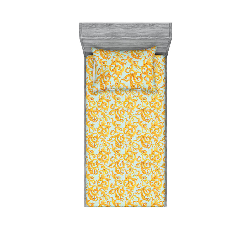Ambesonne Fitted Sheet & Shams, Twin Sheet Set with 1 Pillowcase, Marigold/Pale Floral