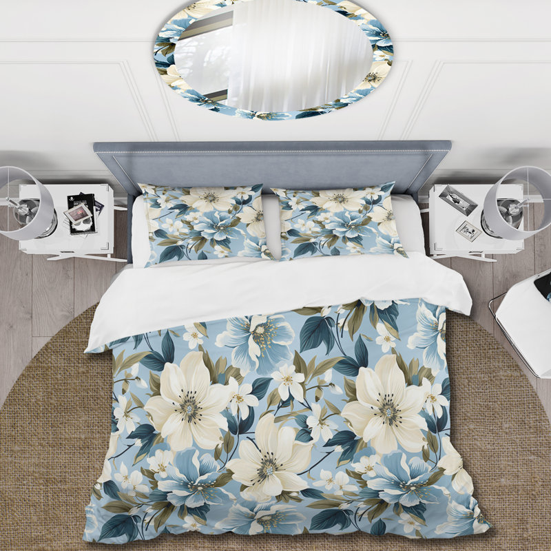 Ensemble de housse de couette à motif floral bleu rétro Romance Floral II, Housse de couette pour très grand lit et 2 très