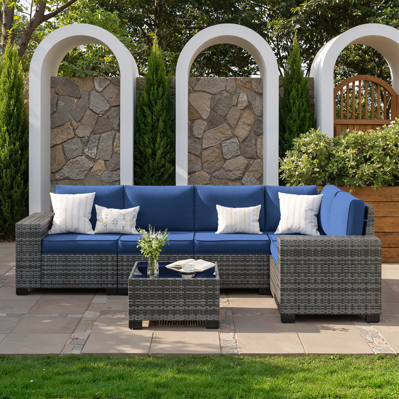 6 Piece Rattan Sectional Seating Group With Cushions, Navy Cushion/Gray Frame