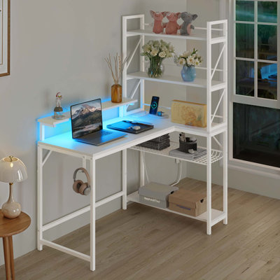 Metro Lane Reversible Computer Desk With 148Cm H Storage Shelve&LED Lights&Power Outlets