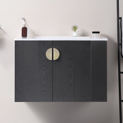 Armoire de meuble-lavabo 30 po avec lavabo, bois massif noir, deux portes et tablette ouverte à droite pour le rangement, armoire en bois résistant à l'eau et durable, solidité
