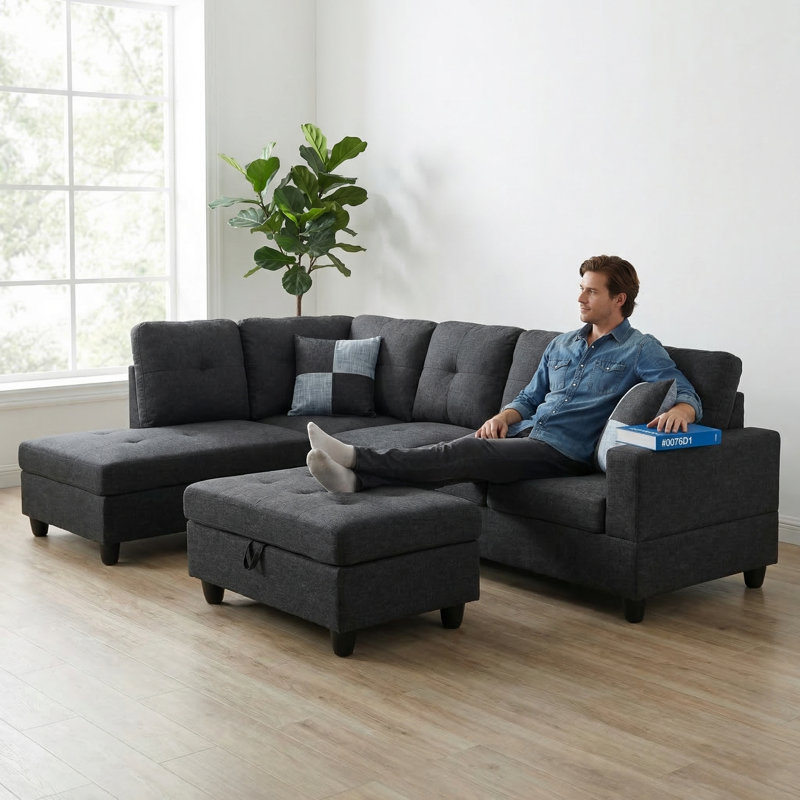 Black Grey Storage Ottoman | Flannel & Faux Leather | X-Stitching | Solid Wood