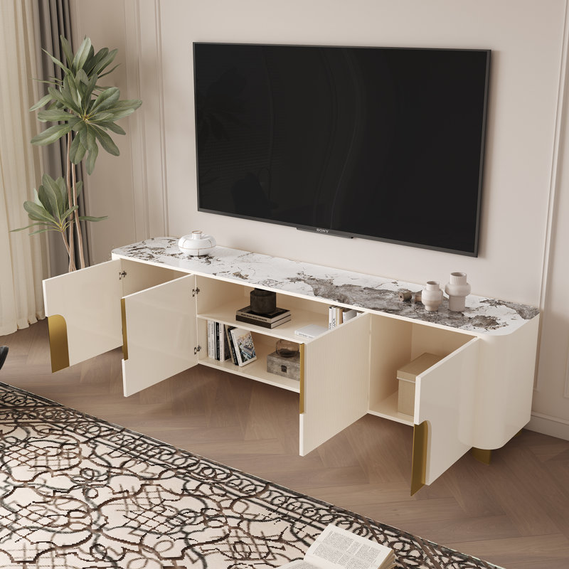Harkless 78.74'' Modern Beige Rectangular TV Stand, Media Console With Gold Stainless Steel&4 Storage, Fully Assembled 