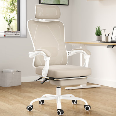 Ergonomic Office Chair With Footrest, Mesh Office Desk Chair With Headrest, High Back Computer Chair With Adjustable Lumbar Support For Home Office Study Room Bedroom, White & Kakhi