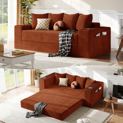 77" Corduroy Boneless Convertible Sofa Bed with Cup Holders and Side Pockets,Orange