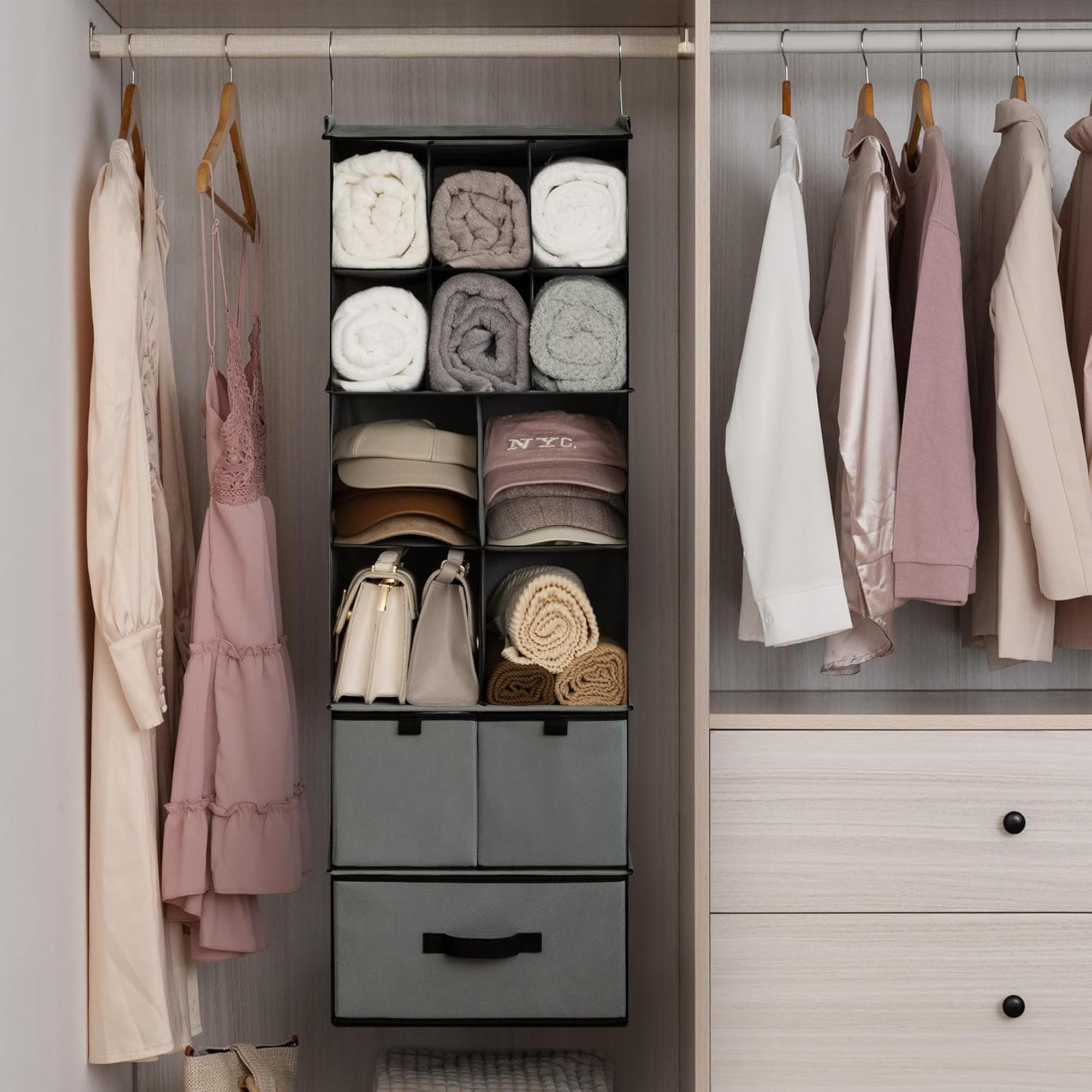 Rebrilliant Hanging Closet Organizer With Drawers, 6 Shelf Dividers ...