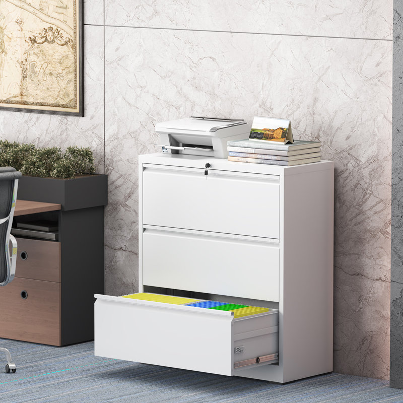 35.43" 3 Drawer Metal Lateral File Cabinet with Lock for Home and Office., White