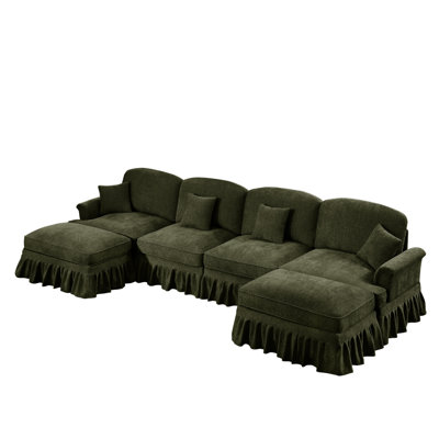 Classic U Shape 4 Seater Modular Sectional Sofa Couch With Flared Arms And Removable Ruffles Pleats Skirts And Spindle Legs, Chenille Deep Seat Cloud Sofa With Movable Ottomans
