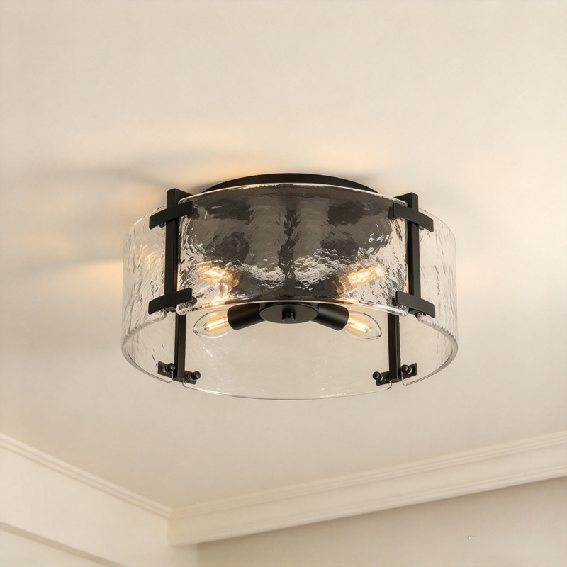 Plafonnier encastré 4 lumières en verre texturé de 16 pouces, luminaire en métal noir avec douilles E12