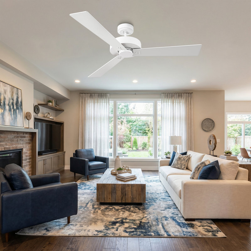 52" Modern Wall Control Propeller Ceiling Fan without Light, Double-Sided Blades, 4 Speeds Reversible DC Motor, White