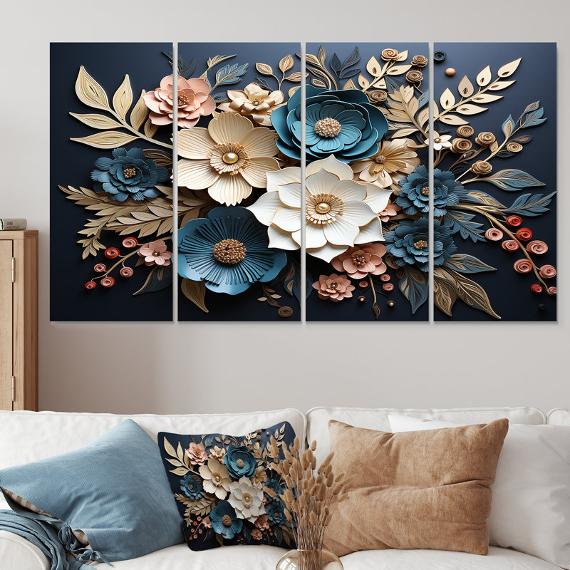 Bleu et or, charmantes fleurs printanières - fleurs, art mural 4 pièces pour le salon, H 28 po x l 48 po
