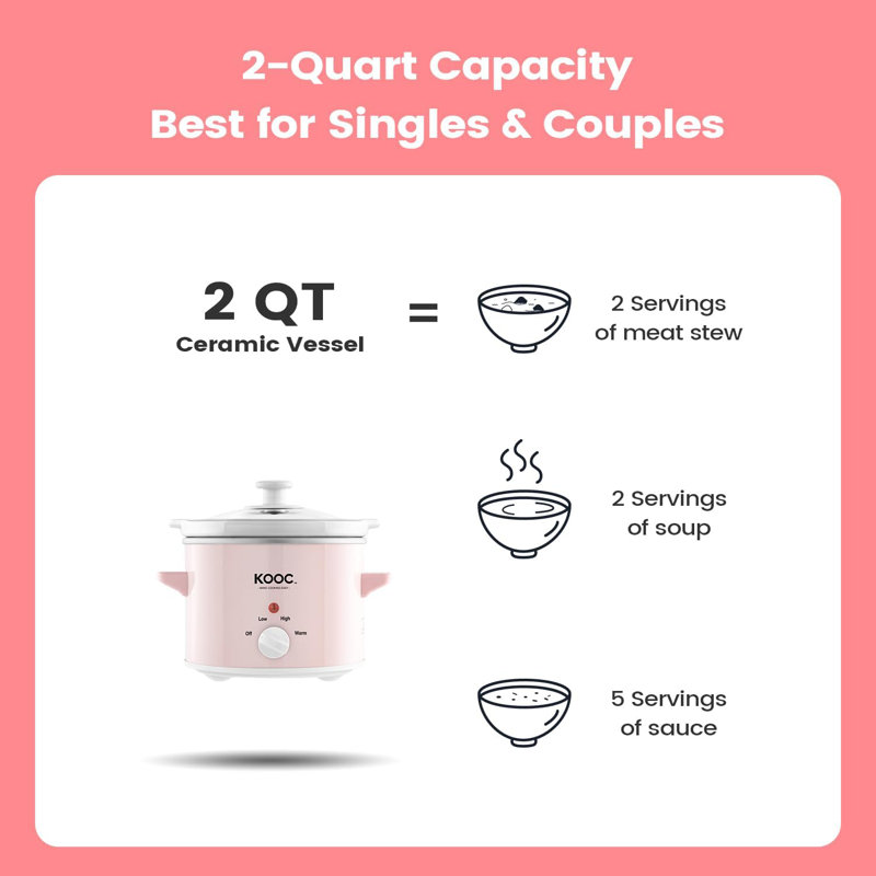 KOOC 2-Quart Small Slow Cooker with Free Liners for Easy Cleaning, Enhanced Ceramic Crock, Adjustable Temperature Settings, Reduced Nutrient Loss, Stainless Steel Finish in Pink, Round Design