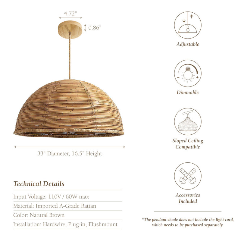 Luminaire suspendu à 1 lumière DEL en rotin naturel brun de 33 po Beckem Beckem