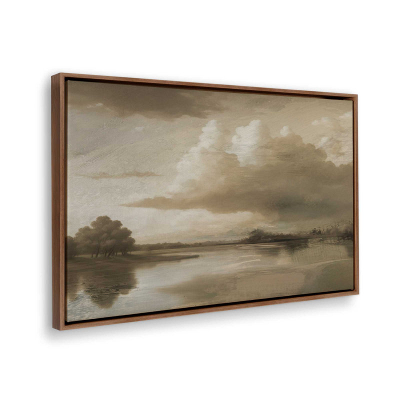 «Lake Park» par Garima Dhawan, reproduction de peinture à l'huile, H 12 po x l 16 po, Cadre flottant, Brun