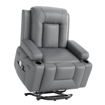 Power Lift Recliner Chair with Heat & Massage, PU Leather Electric Sofa for Seniors, Reclining Chair with Cup Holders & Side Pocket for Living Room, Gray