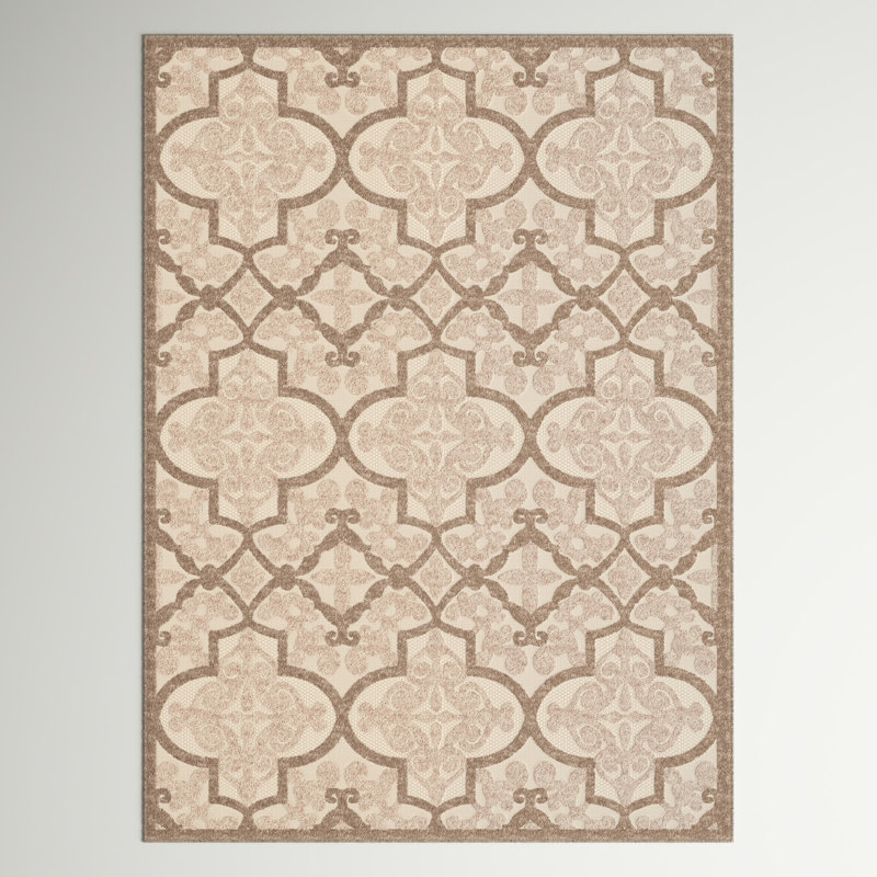 Tapis d'intérieur / extérieur brun clair / crème à motif géométrique Miraloma, Rectangle 5 pi 3 po x 7 pi 5 po