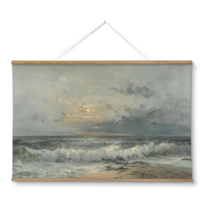 Vintage Sunset Over the Sea Framed Wall Art - Extra Large Moody Coastal Canvas Scroll for Living Room & Bedroom Decor