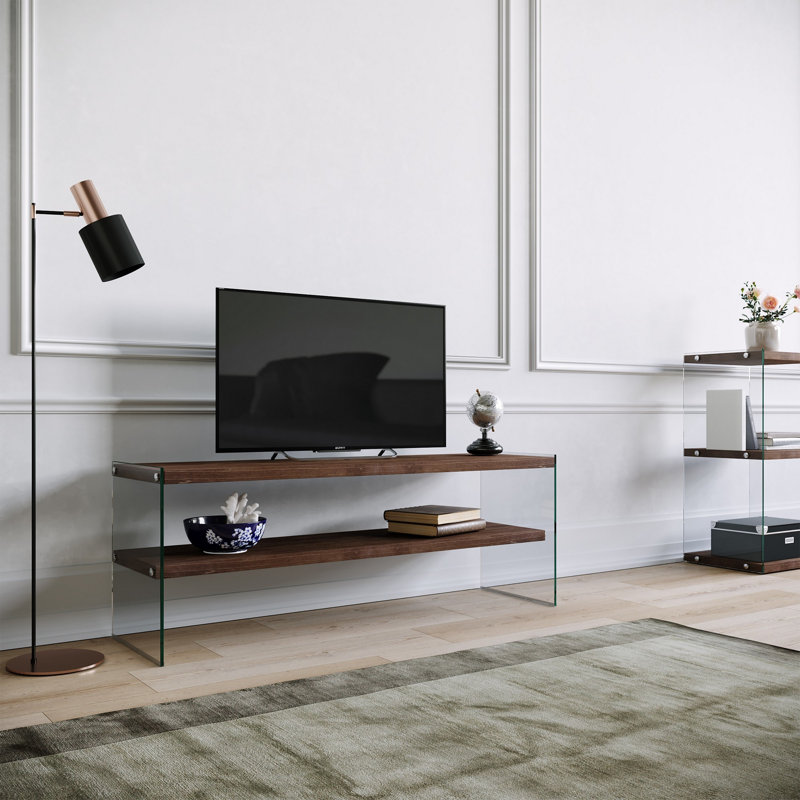 Modern TV Stand with Multiple Shelves, Walnut Finish, 47.2 x 17.7 x 13.8 inches | 100% Solid Pine Wood & 8 mm Tempered Glass | Max Weight Capacity: 44 lbs per Shelf | Wall-Mountable Design for Stylish Space-Saving