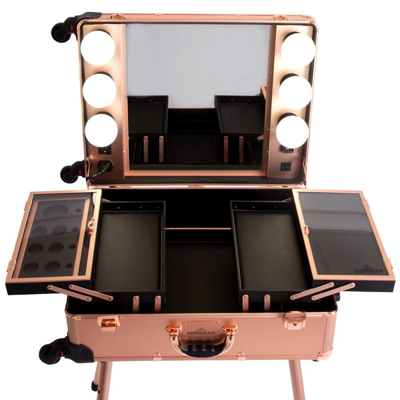 Slaycase Pro Vanity Travel Train Case with Stand Makeup Organizer Including USB Port Standing Legs, Rose Gold