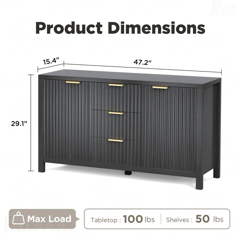 Black Sideboard Storage Cabinet - Fluted Credenza Buffet, 2 Doors, 3 Drawers, for Kitchen & Living Room