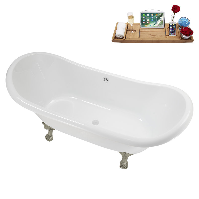 71" Streamline Clawfoot Tub,Tray,Drain and Clawfeet, Brushed Nickel, Glossy White