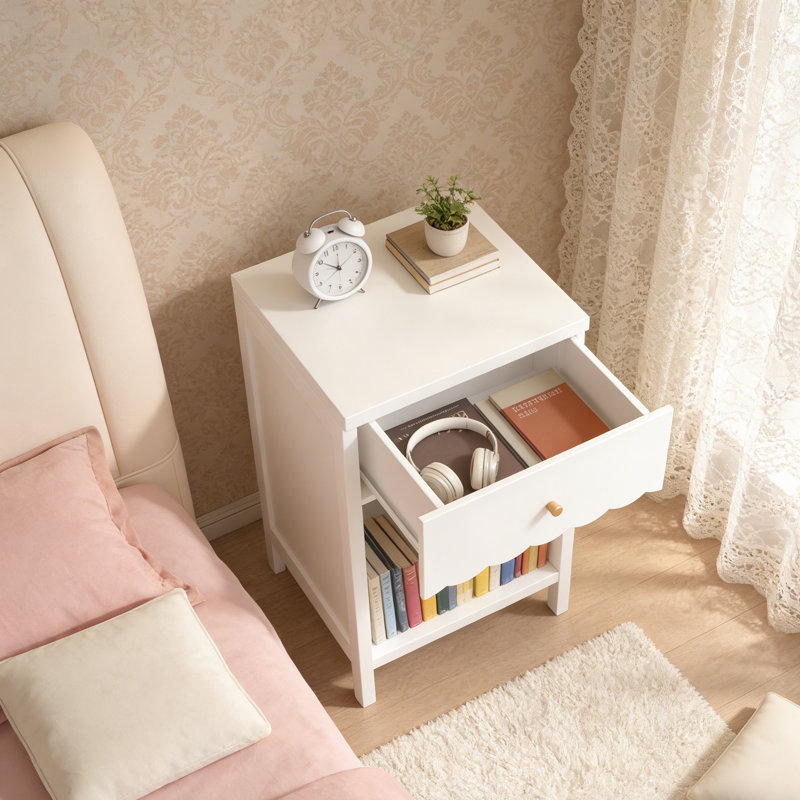 Modern White Scalloped Edge Nightstand With Drawer And Open Shelf, Minimalist Bedside Table For Bedroom, Kids Room, Girls' Room, Cute Side Table With Storage