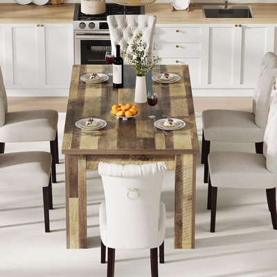 63" Dining Table For 4-6, Large Farmhouse Rectangular Kitchen Dining Room Table, Wooden, Thick Frame & Sturdy Triangular Legs, Wood Strip Base For Sma